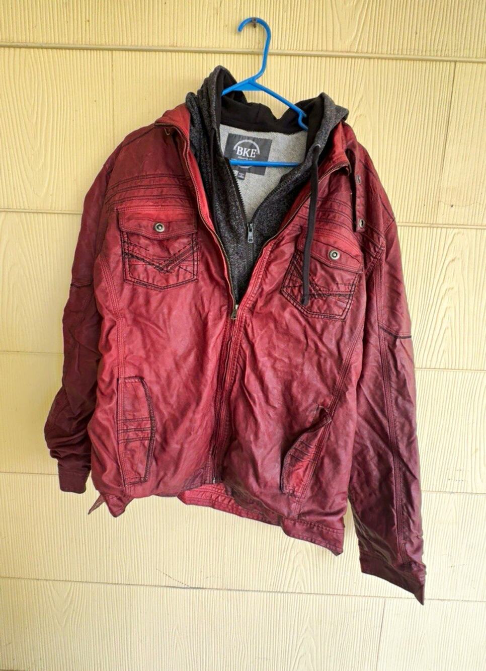 BKE Men’s XL Red Hooded Faux Leather Jacket Zip/Button Athletic Fit Short